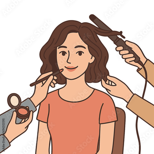 A portrait of a charming young woman seated indoors, with a makeup artist applying cosmetics and a hairdresser styling her hair