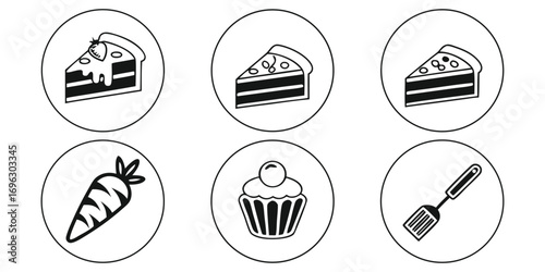 Set of six food and kitchen icons.