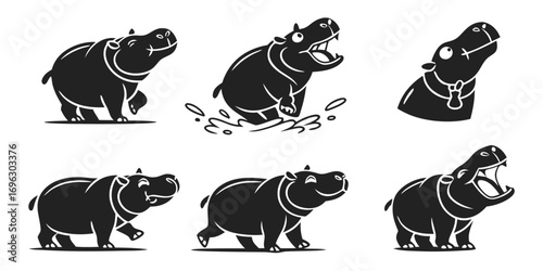 Set of Six Happy Cartoon Hippopotamus Illustrations.