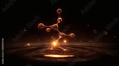 A single, complex, glowing molecule emerges from a dark, primordial aqueous solution, symbolizing the spark of life.