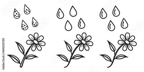 Simple Line Art Flowers and Raindrops.