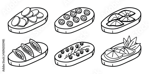 Six Delicious Bruschetta Toppings Illustrated.