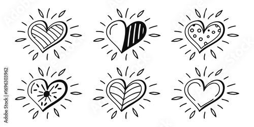 Six HandDrawn Hearts with Radiant Lines.