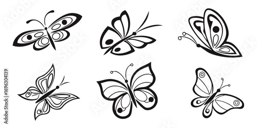 Six Stylized Black and White Butterfly Illustrations 5.