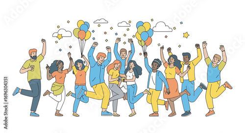 Diverse group of young adults celebrating with balloons and raised arms against a white backdrop, conveying joy and excitement for a special occasion.