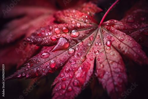 Close up of a vibrant red Japanese maple leaf covered in glistening water droplets