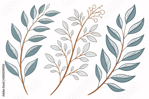 Assortment of Stylized Botanical Branches with Blue and Brown Tones Keywords: branches, leaves
