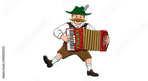 Cartoon man playing accordion in traditional bavarian clothing lederhosen and green hat with feather on transparent background