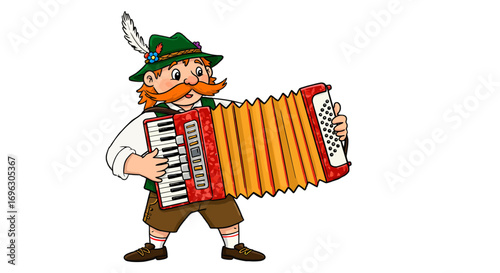 Cartoon character playing accordion music instrument musician traditional german culture illustration on transparent background