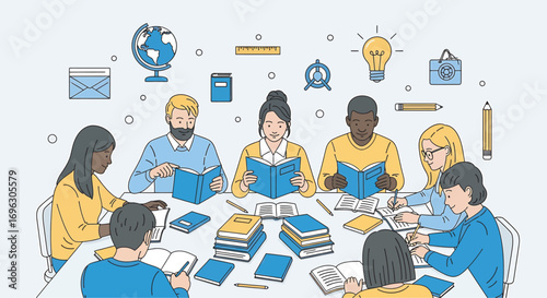 Diverse group of students studying together at a table, surrounded by books and learning materials, creating a collaborative and educational atmosphere.