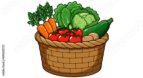 Fresh vegetables in basket carrots tomatoes cabbage zucchini potatoes harvest organic healthy food market on transparent background