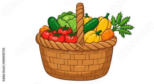 Fresh harvest vegetable basket organic food healthy eating tomato cucumber carrot pepper cabbage nutrition on transparent background