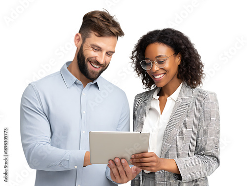 Smiling diverse colleagues using tablet, discussing project, teamwork