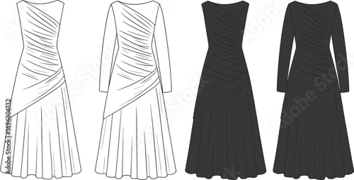 Women’s long dress fashion flat, sleeveless and long sleeve asymmetrical neckline pleated bodice, technical apparel CAD drawing, clothing design vector illustration