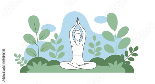 Woman practicing yoga in lotus position surrounded by lush green plants, finding inner peace and tranquility in a serene outdoor setting.