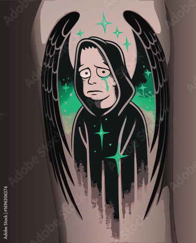 Sad cartoon character with wings and tears, a unique tattoo design blending humor and emotion, perfect for expressing complex feelings