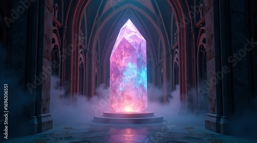 Ultra-detailed cinematic scene of glowing crystal floating inside dark gothic arch, colorful reflections on carved stone, mist and ethereal light enhancing mystery, enchantment, and timeless fantasy 