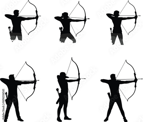 Set of archer silhouette poses with bow and arrow, professional archery vector illustration, perfect for sports, hunting, and tactical themes