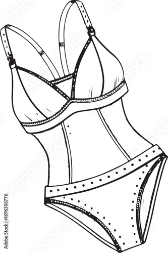 Female Swimming Suit Swimwear Bikini Vector Illustration, Sketch Drawing Line Linear Symbol Icon Engraving Coloring Book, Hand-drawn Doodle Black and White Isolated