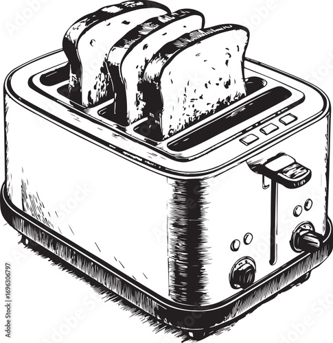 Toasts Bread in Toaster Vector Illustration, Sketch Drawing Line Linear Symbol Icon Engraving Coloring Book, Hand-drawn Doodle Black and White Isolated