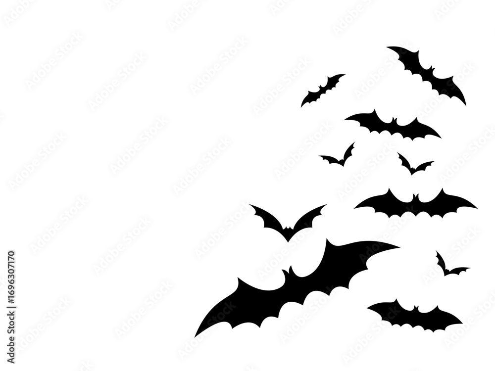 Fototapeta premium Group of black bat silhouettes flying. This vector is great for Halloween backgrounds or as a design element for posters, invitations, and spooky projects.