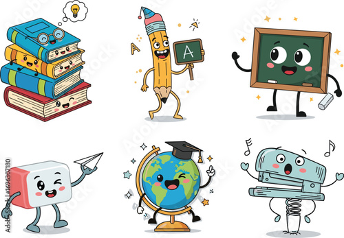 Cute school supplies cartoon characters, animated books, pencil, chalkboard, eraser, globe, robot, kawaii education tools, fun learning objects, whimsical classroom items, vector illustration set, kid