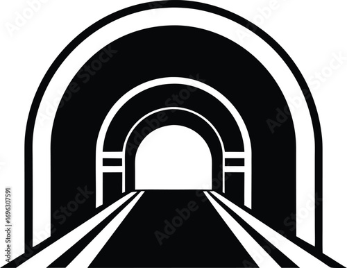 Stylized Black and White Icon of a Tunnel Entrance with Railway Tracks transportation