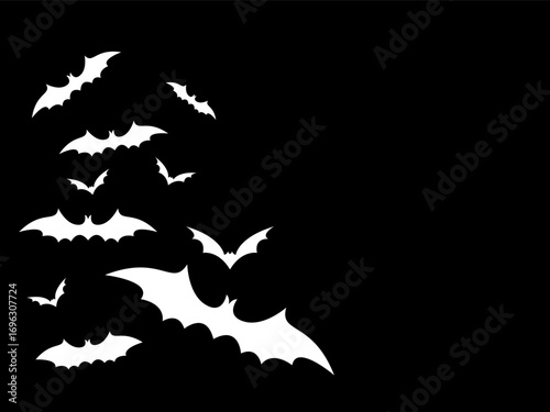 Group bat silhouettes flying. This vector is great for Halloween backgrounds or as a design element for posters, invitations, and spooky projects.