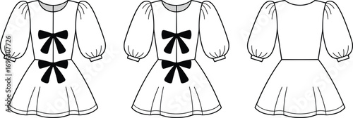 Women’s puff sleeve dress fashion flat, flared skirt with chest and waist bow details, technical apparel CAD drawing, clothing design vector illustration