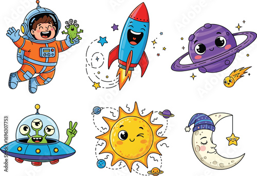 Cute space cartoon characters, astronaut boy, rocket ship, planet, UFO, sun, moon, stars, outer space theme, kawaii astronomy, fun cosmic elements, whimsical galaxy illustration, children’s space desi