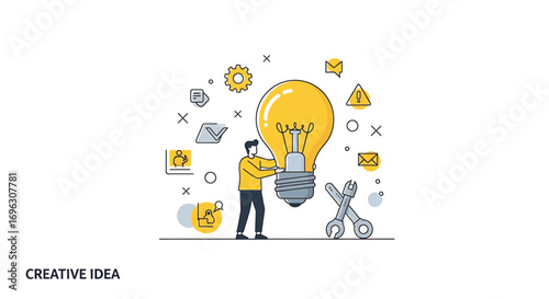 Man connecting light bulb in bright studio, representing innovative ideas and solutions with tools and digital elements, symbolizing creativity.