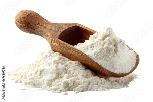 Potato starch or potato flour in a wooden scoop.