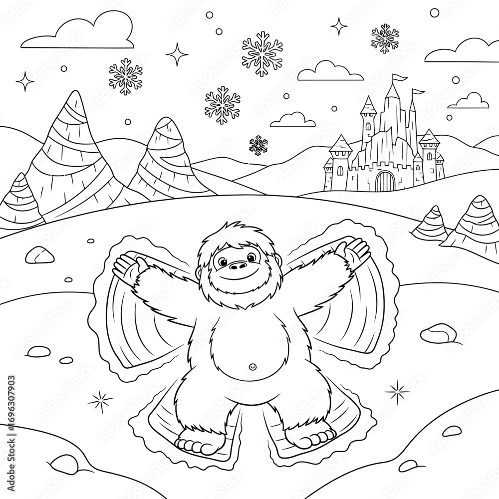 Fototapeta premium Friendly Yeti with Snow Fun in an Icy Kingdom Black and White Line Art Coloring