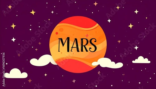 Cartoon Mars planet, orange, textured, with clouds, stars, and deep purple background