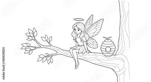 Enchanting Forest Fairy on Branch: A captivating illustration of a delicate fairy with gossamer wings, crowned by a radiant halo, perches gracefully upon a sturdy tree branch.