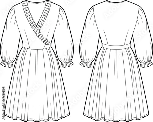 Women’s ruffle trim V‑neck dress fashion flat, long sleeve gathered skirt design, technical apparel CAD drawing, clothing design vector illustration