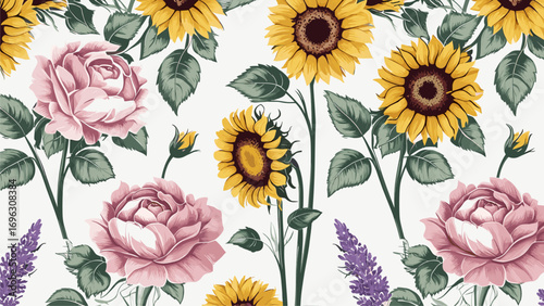 Seamless Floral Pattern with Sunflowers and Roses