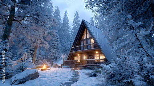 Winter cabin getaway snowy forest scene christmas holiday vacation rental cozy home in the woods escape