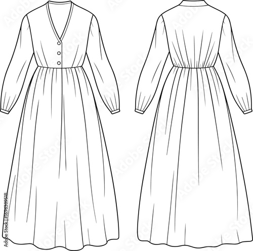 Elegant long sleeve dress technical flat sketch front and back view, V‑neck, gathered waist, button detail, fashion design template, apparel