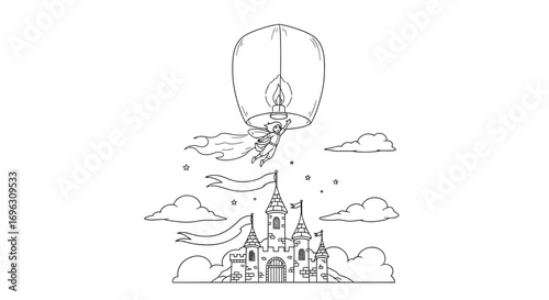 Floating Lanterns Over Dreamy Castle: A whimsical illustration captures a soaring lantern illuminating the sky over an enchanting castle. Witness the scene as a beacon of imagination.