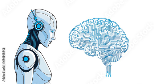 Robot contemplates a human brain represented as a circuit board, symbolizing the intersection of artificial intelligence and human intellect in a technological age.