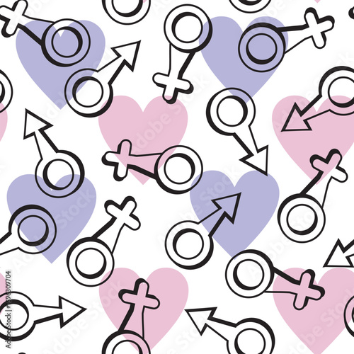 A playful seamless pattern features scattered black outline male and female gender symbols over pastel pink and lavender hearts, on a  white background. Vector pattern perfect for textile, background