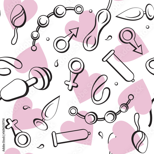 A playful seamless pattern of black outline sex toys and gender symbols, with pink hearts scattered across a white background, vector suggesting themes of intimacy and passion.
