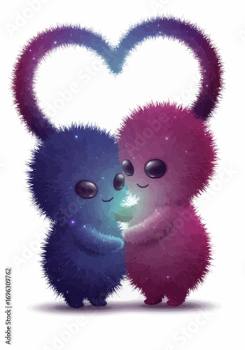 Fluffy Alien Creatures Hugging in Cosmic Heart Vector Design