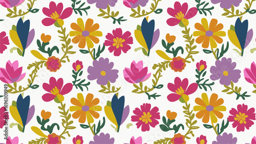 Vibrant Floral Textile Pattern: Summer Blooms & Retro Design