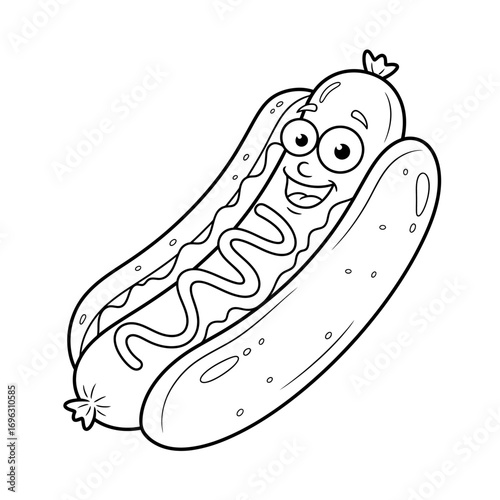 Grinning Hot Dog Coloring Page Cartoon Food Outline for Kids Young Children