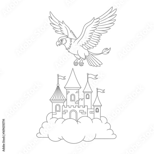 Griffin Cloud Castle Soaring Fantasy Creature Kids Black and White Line Art Fun