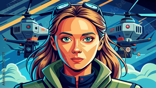 Close-up portrait of female drone operator with remote. Isolated background emphasizes innovation, focus, and freedom.