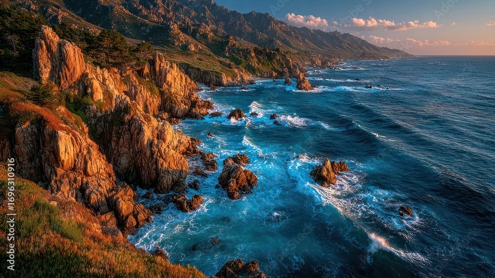 Obraz premium Coastal Majesty: The rugged cliffs meet the boundless sea as the sun paints the scene in gold, offering a breathtaking view of natural beauty. 