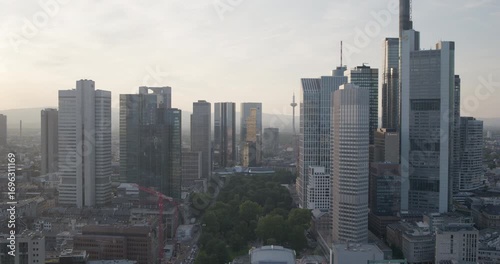 drone shot of sunset over frankfurt skyscrapers 